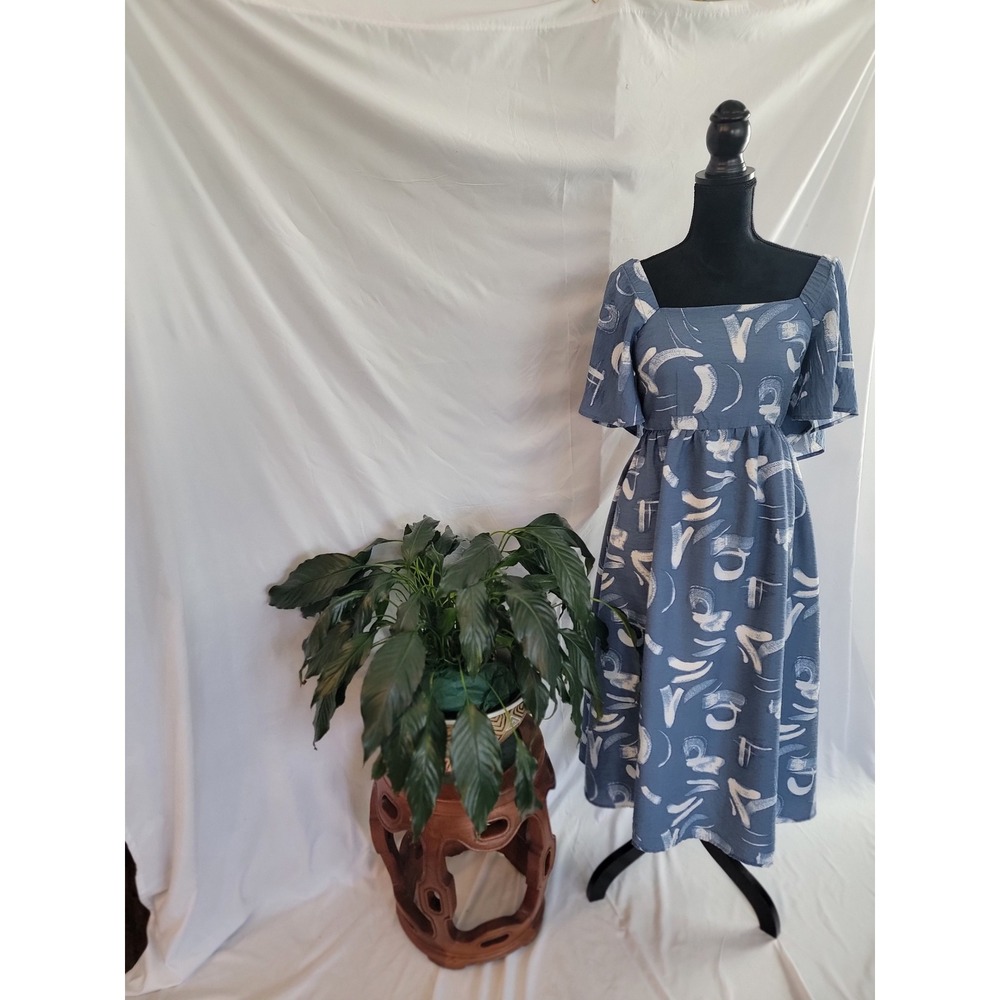 Blue Abstract Brushstroke Print Midi Dress Square Neck Tie Back Flutter Sleeve